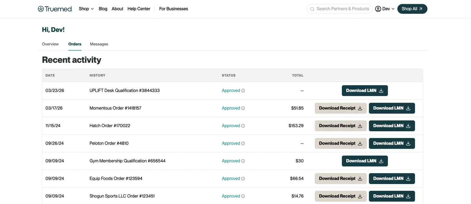 Orders tab in the Truemed dashboard showing recent activity with per-order Download Receipt and Download LMN buttons