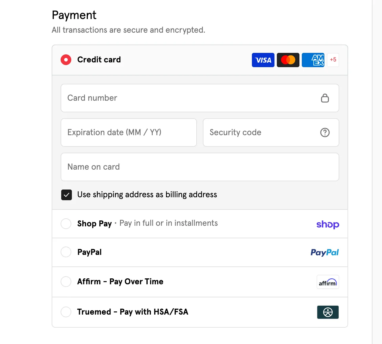 Store checkout payment step listing Credit card, Shop Pay, PayPal, Affirm Pay Over Time, and Truemed Pay with HSA/FSA as separate selectable payment options